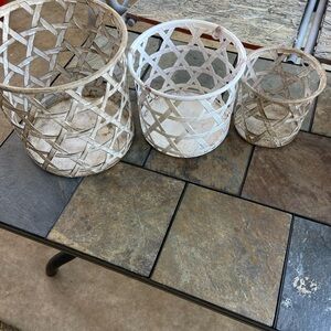 Rustic White Woven Candle Holders Set